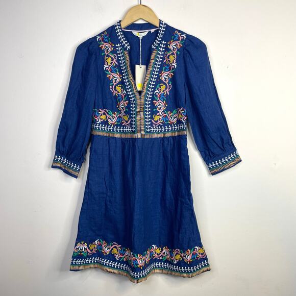 Boden Dakota Blue Linen Embroidered Long Sleeve Dress Artsy Boho Womens 4P 4 New - Picture 3 of 17